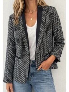 rag & bone Black Patterned Open-Front Blazer with Leather Trim